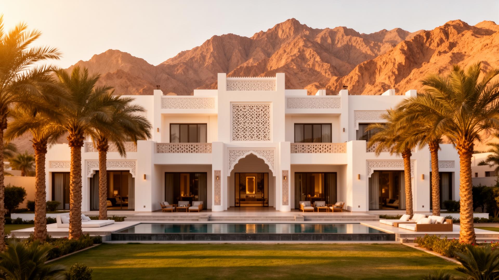 Luxe villa in Oman met Omaanse architectuur en bergen op de achtergrond