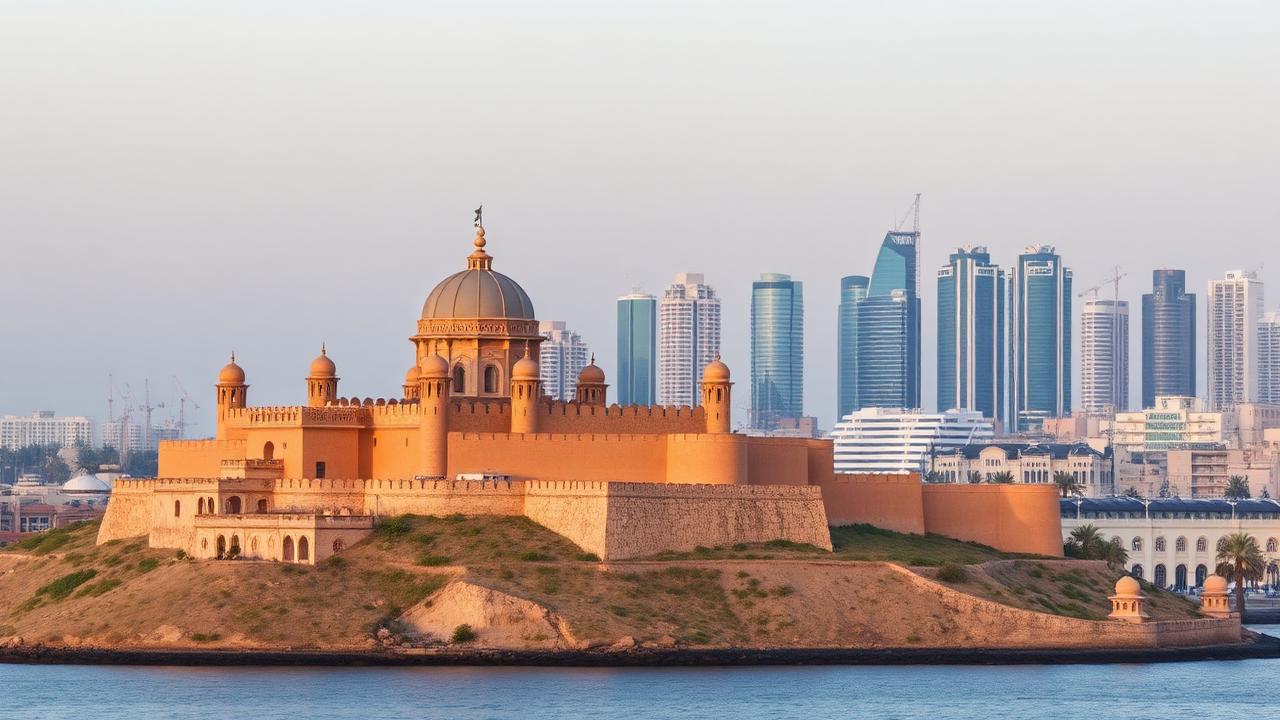 Skyline van Muscat met traditionele fortarchitectuur